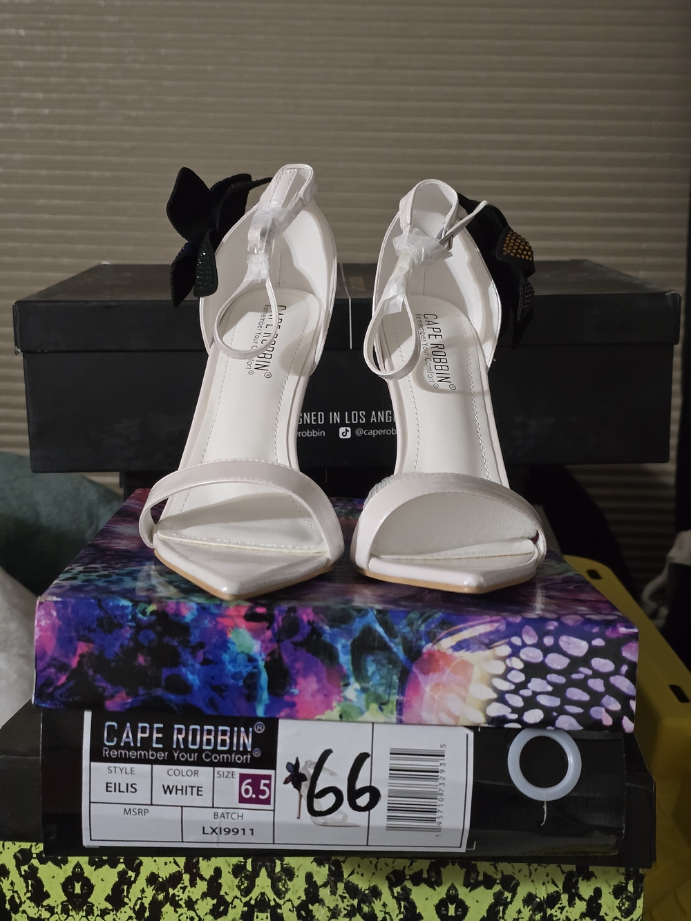 Cape Robbin White Open-Toe Ankle Strap Heels with Black Multicolor Bow